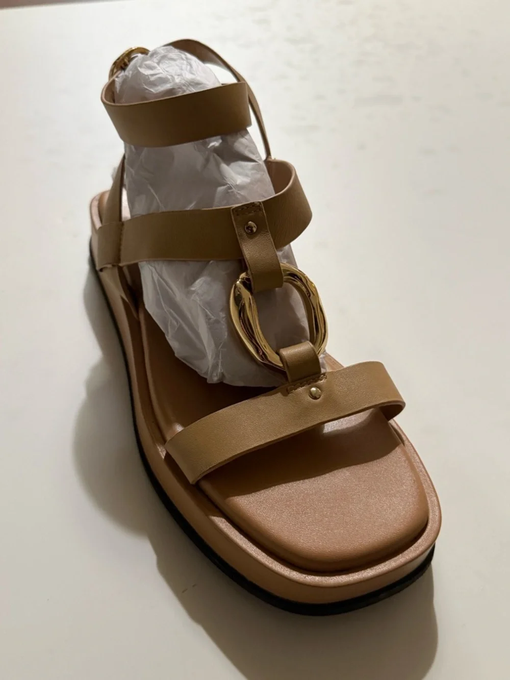 Zara Women's Tan Leather Strap Sandals with Gold Accent - Picture 2 of 6
